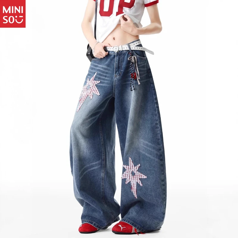Miniso 3D Star Jeans Women، بنطال أمريكي واسع الساق، بنطال جينز مستقيم أنيق