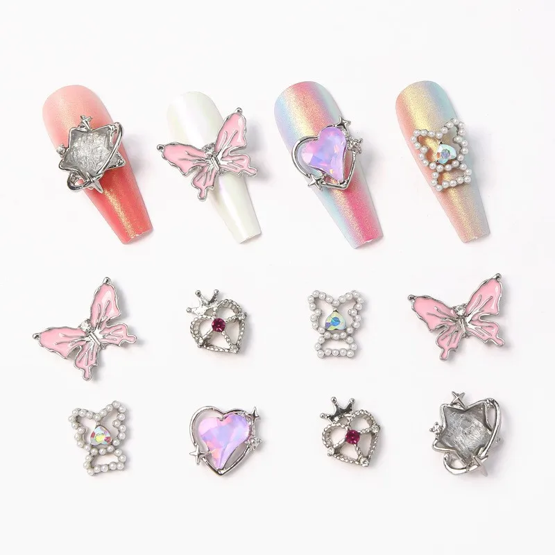 

10pcs/lot Unique Design Nail Dropping Oil Butterfly Alloy Jewelry 3D Star Aurora Peach Heart Pearl Little Bear Croxin Heart Love