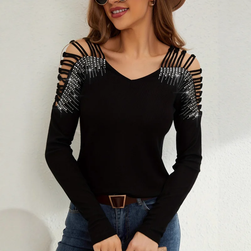

2025New Fashion Lace Patchwork Heavy RhinestonevLong-sleeve shirtTShirt Women's Top