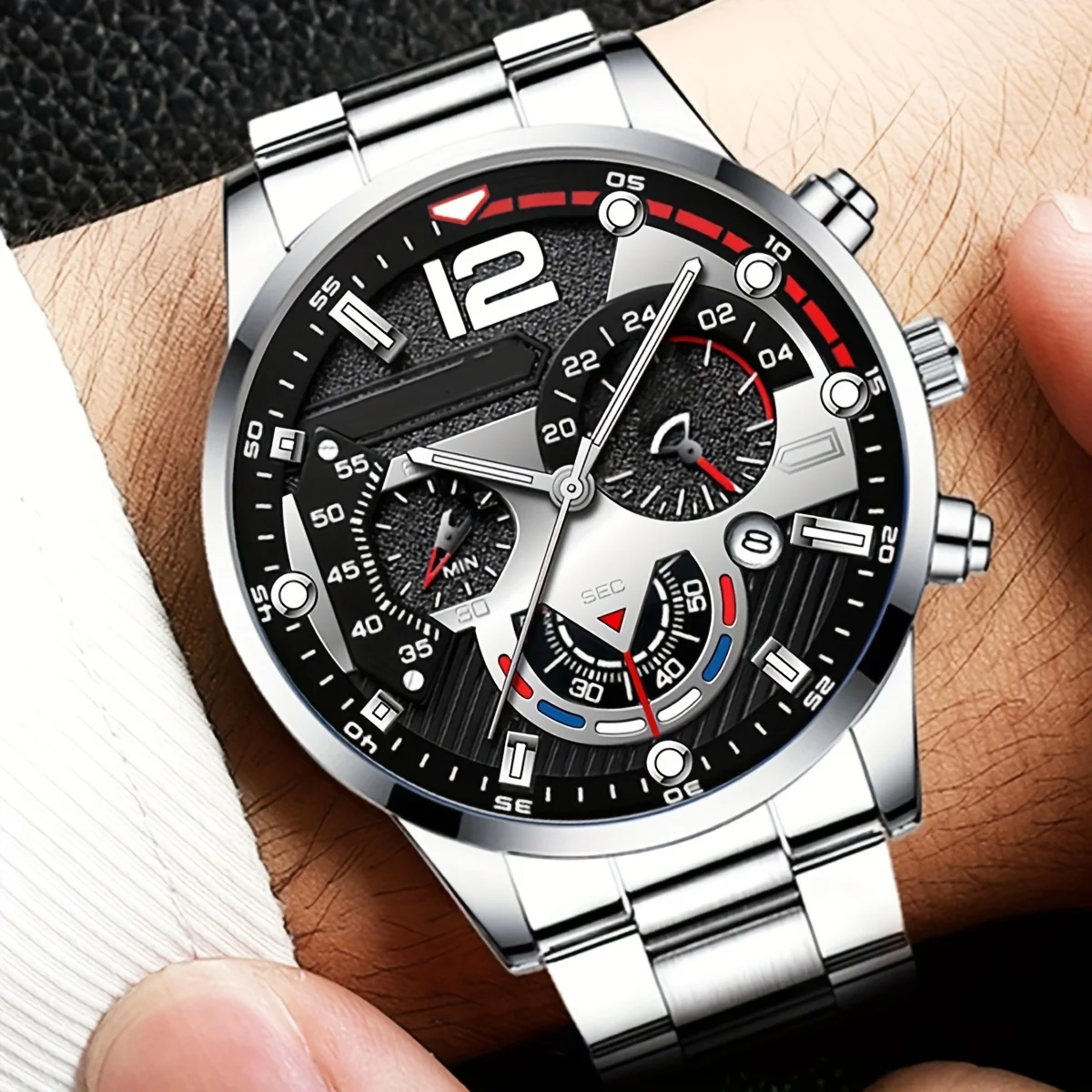 1pc/3pcs/set Fashion Quartz Watch Mens Business Stainless Steel Calendar Watches & Silvery Bracelet Cross