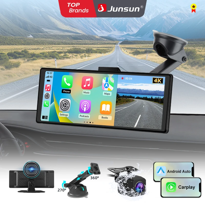 Junsun 10.26 inch Dash Cam 4K Car DVR Wireless Carplay for Apple Android Auto GPS Navigation Dashboard Video Recorder IPS Touch Screen Dual Lens Rearview Camera BT Audio AUX WIFI FM