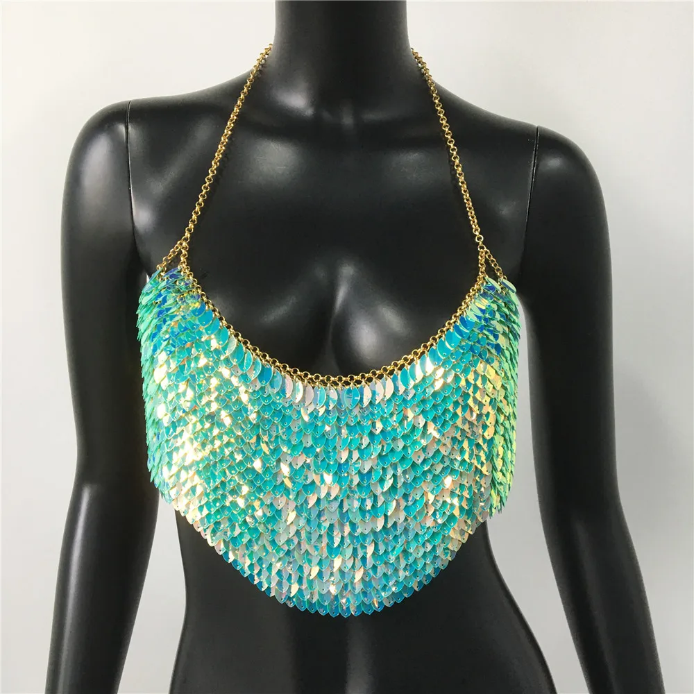 Pailletten Gekleurde Bladeren Crop Top Vrouwen Vest Sexy Nachtclub Metalen Slanke ketting Hangende nek Splicing Glitter Top Vrouwelijk