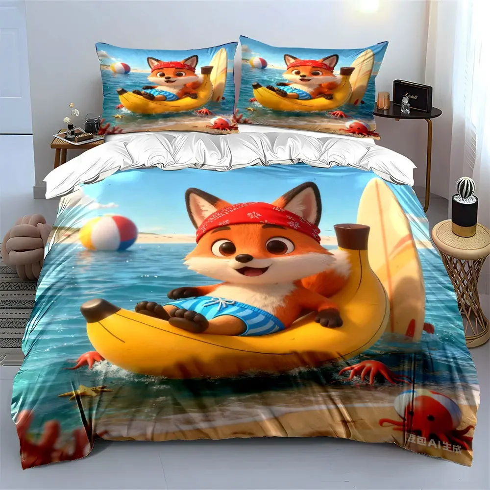 Beach Adventure Fox Toy Set Multiple sizes kid's and adults' bedroom Exquisite 3PC bedding set, gift