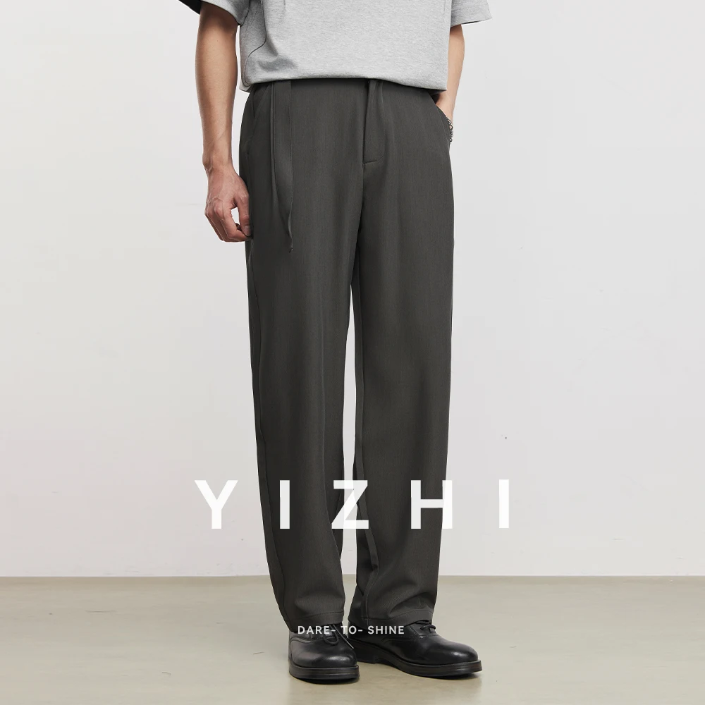 

Мужские брюки из текстурированного ледяного шелка с драпировкой и шнурком, деловые повседневные, летние 2026, свободные прямые, для работы, немнущиеся, широкие штанины