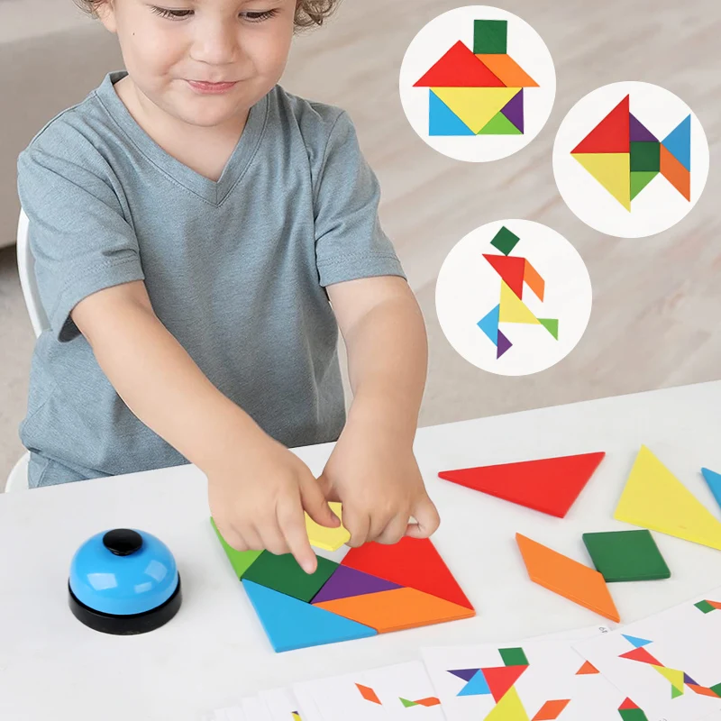 3D Wooden Colorful Tangram Battle Game Jigsaw Puzzle Toy Kids Montessori Early Education Sorting Games Toys Gifts for Children