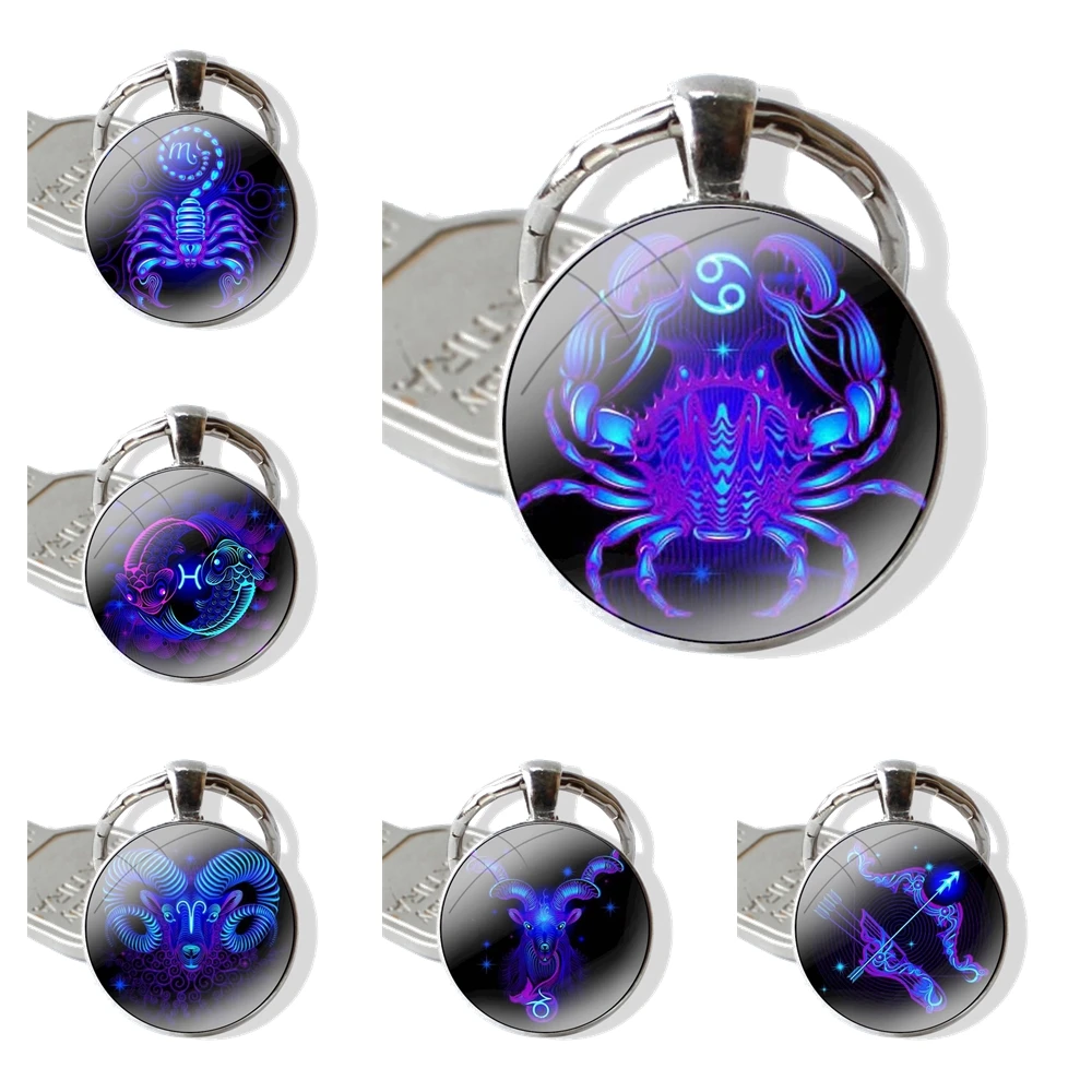 Keychain Glass Cabochon Metal Pendant Classic Men's Women's Keyring Zodiac Signs