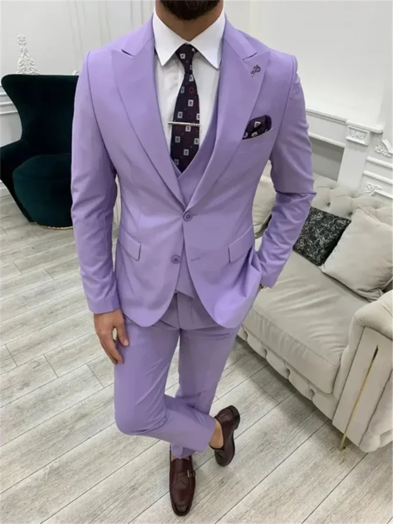 3 Piece Light Purple Men\'s Suits Elegant Full Set Single Breasted Peaked Lapel Formal Outwear(Jacket+Pants+Vest) Costume