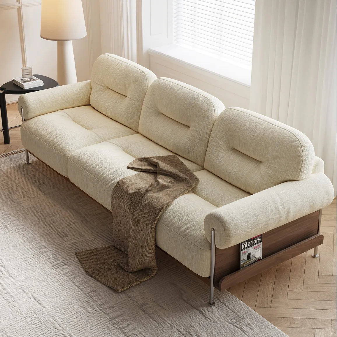 Small apartment living room solid wood straight row chenille fabric removable sofa