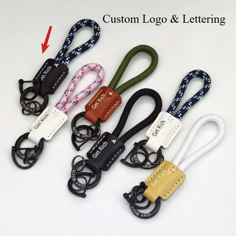 

Custom Genuine Leather Metal Hand Woven Cowhide Keychains Pendant Anti-Lost Keyrings 6 Colors for Women Men Gifts Key Chain