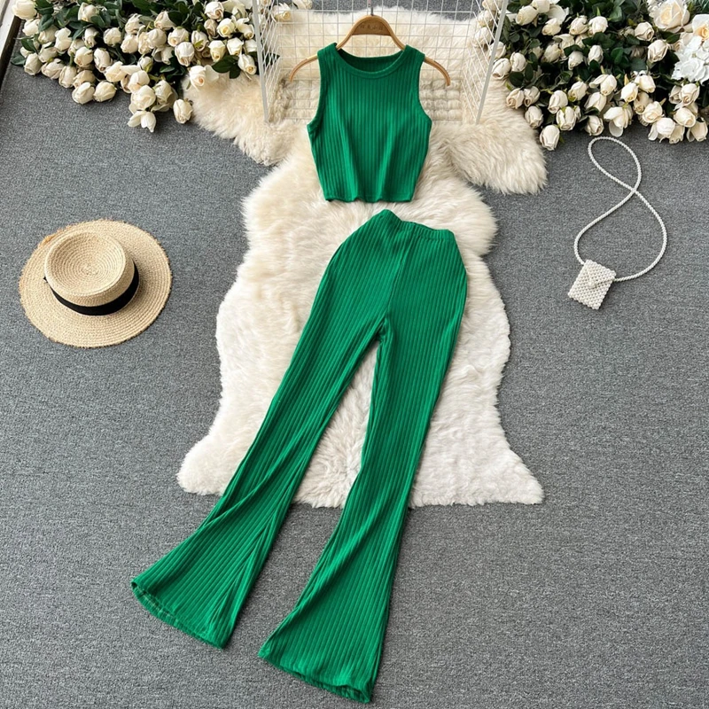 

Retro New Knitted Set Short Sleeveless Top Women's High Waist Slimming Pants Bellbottom Two Piece Set