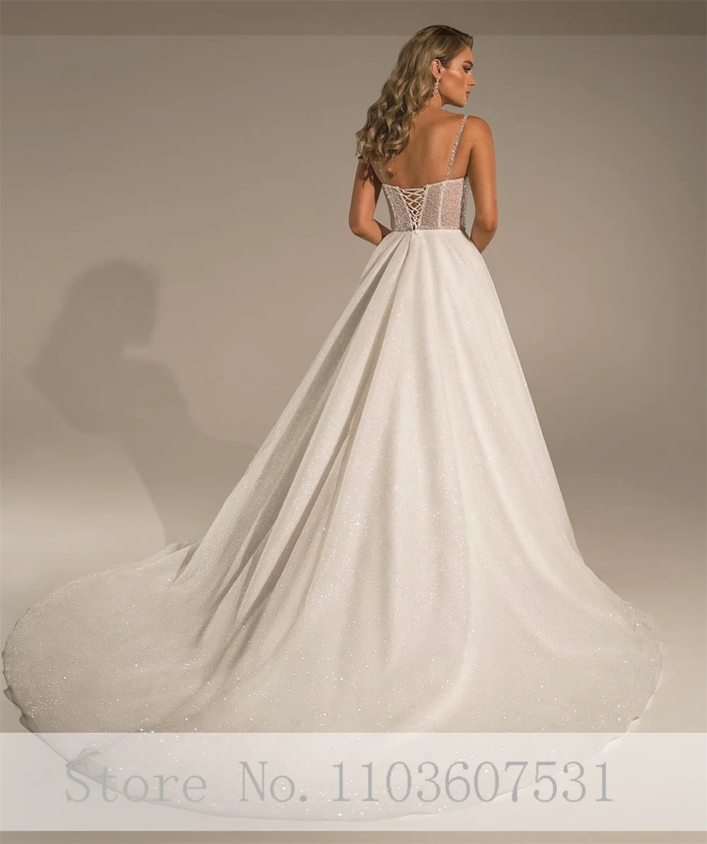 Wedding Dress Spaghetti Straps Sweetheart Collar Pleated Sequins Sparkly for Women Backless A-line Court Wedding Bridal Gown