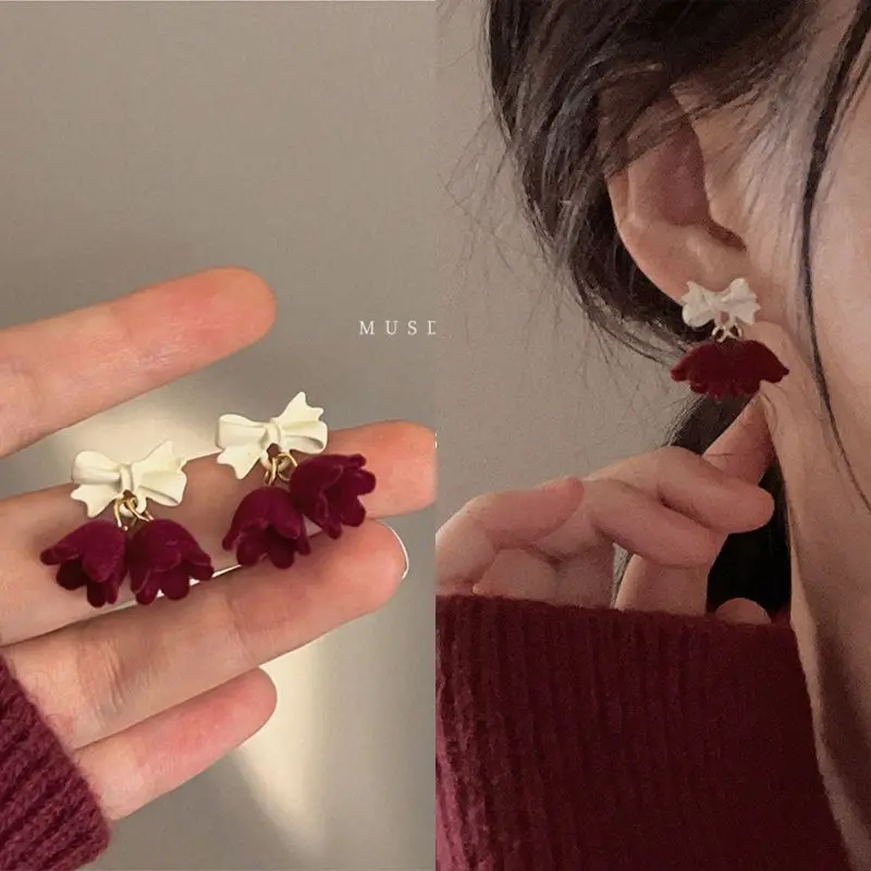 Wine Red Ear Clip Velvet Bell Bow Tie Ear Clip No Ear Hole High Grade Earrings Autumn and Winter Earrings Women Accessories