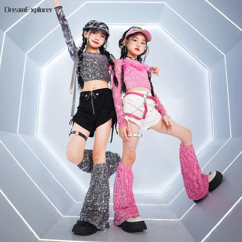 Girls  K-pop Sequin Crop Top Street Dance Shorts Kids Hip Hop Jazz Hot Pants Clothes Sets Children Streetwear Girl Group Costume