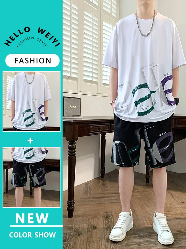 

Повседневный комплект из футболки и шорт для мальчиков, лето 2025, новый модный подростковый стиль, студенческий комплект из двух предметов, полиэстер