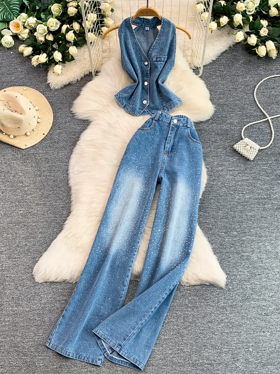 

Fashionable Glitter Denim Sleeveless Vest Top High Waist Slimming Wide Leg Pants Two Piece Set Women's Spring Summer Casual W...