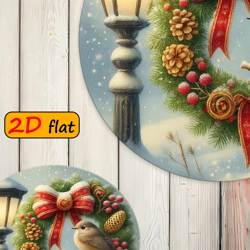 Christmas Winter Scene Aluminum Round Sign 20x20cm Snow Pine Wreath Bird Wall Decor  Gift For Home Dining Room Study view 2