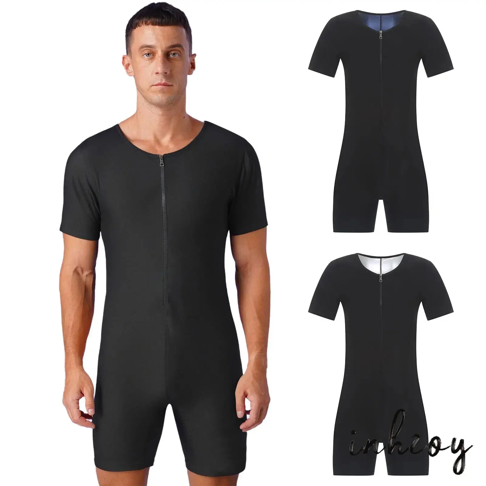 

Men One Piece Short Sleeves Short Jumpsuit Trainer Sauna Suit Body Shaper Weight Loss Sweatsuit for Fitness Training Workout