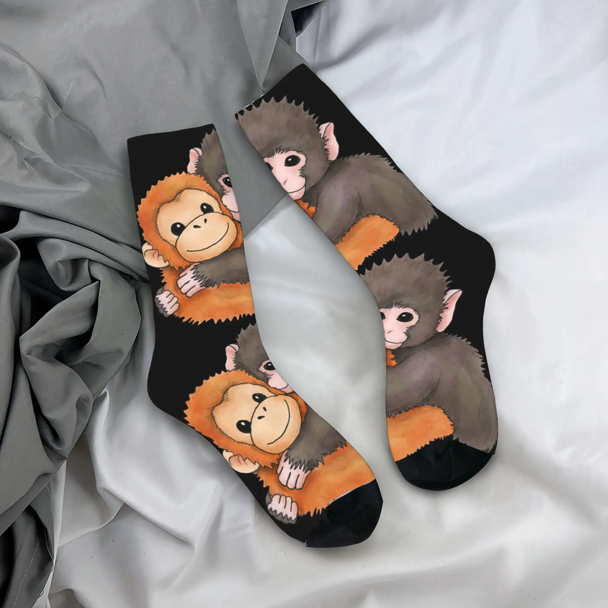 

Cute Baby Monkey Named Punch Plush Hugging Socks Pattern Stockings Anti-Slip Men's Socks Soft Breathable Winter Fashion Socks