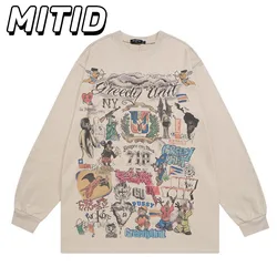 Men's High Street Hip Hop O-Neck Casual Cartoon Print Long Sleeve Sweaters Youth Streetwear Vintage Pure Cotton Autumn Pullovers