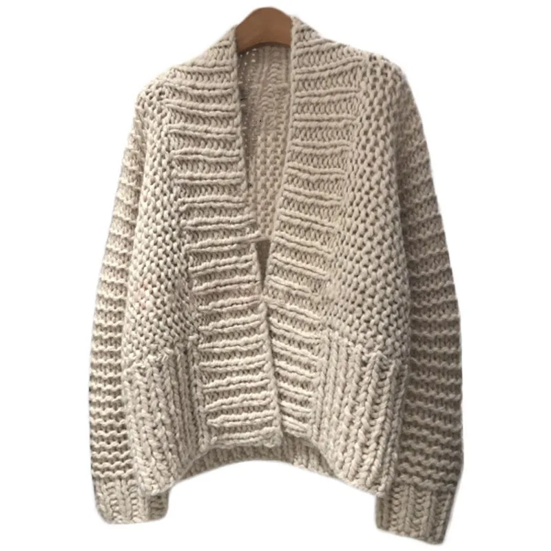 السيدات كسول نمط مفتوح سترة طويلة الأكمام الخامس الرقبة فضفاضة تناسب سترة سميكة الغزل الخريف الشتاء وصول جديد عصري