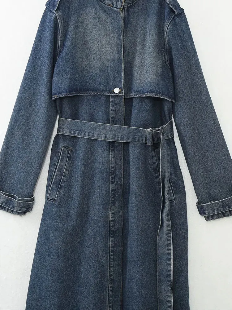 TRAF 2023 Autumn Mid-length Denim Trench For Women Belt On Waist Loose Lapel Windbreaker Female New