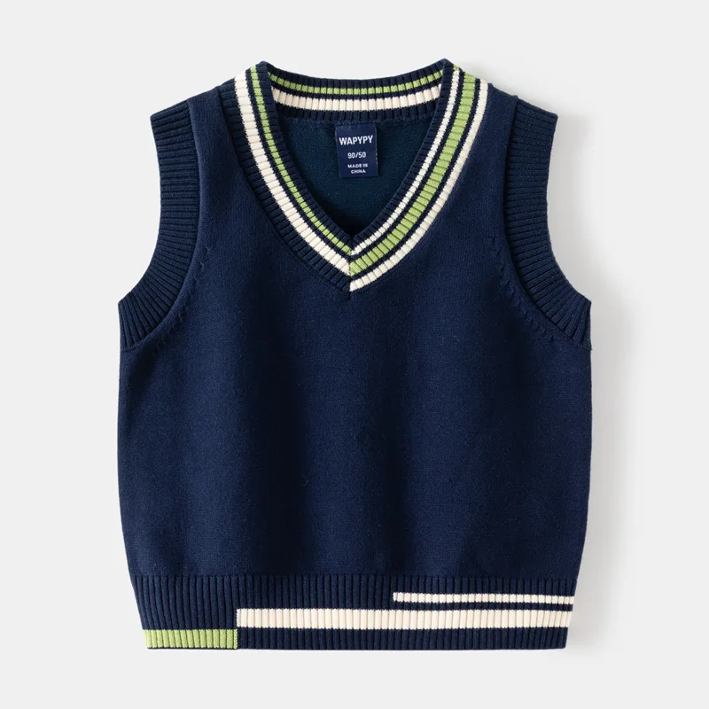 Autumn Children Boy V-collar Beanies Sweater Vest Sleeveless Contrast Baby Boy Knitwear Multicolor Available Little Boy Pullover