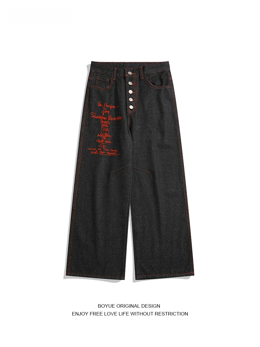 

Boyue American Sle Letter Embroidery Wide Leg Jeans Button Detail Streetwear Vintage Casual Men's Cotton Polyester Blend