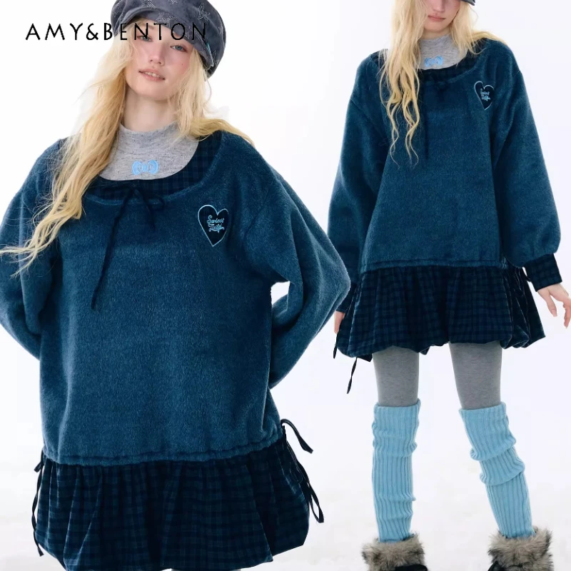 

2025 Autumn Winter New Splicing Plaid Woolen Women's Clothing American Design Loose Hem Big U-neck Long-sleeved Dresses Ladies