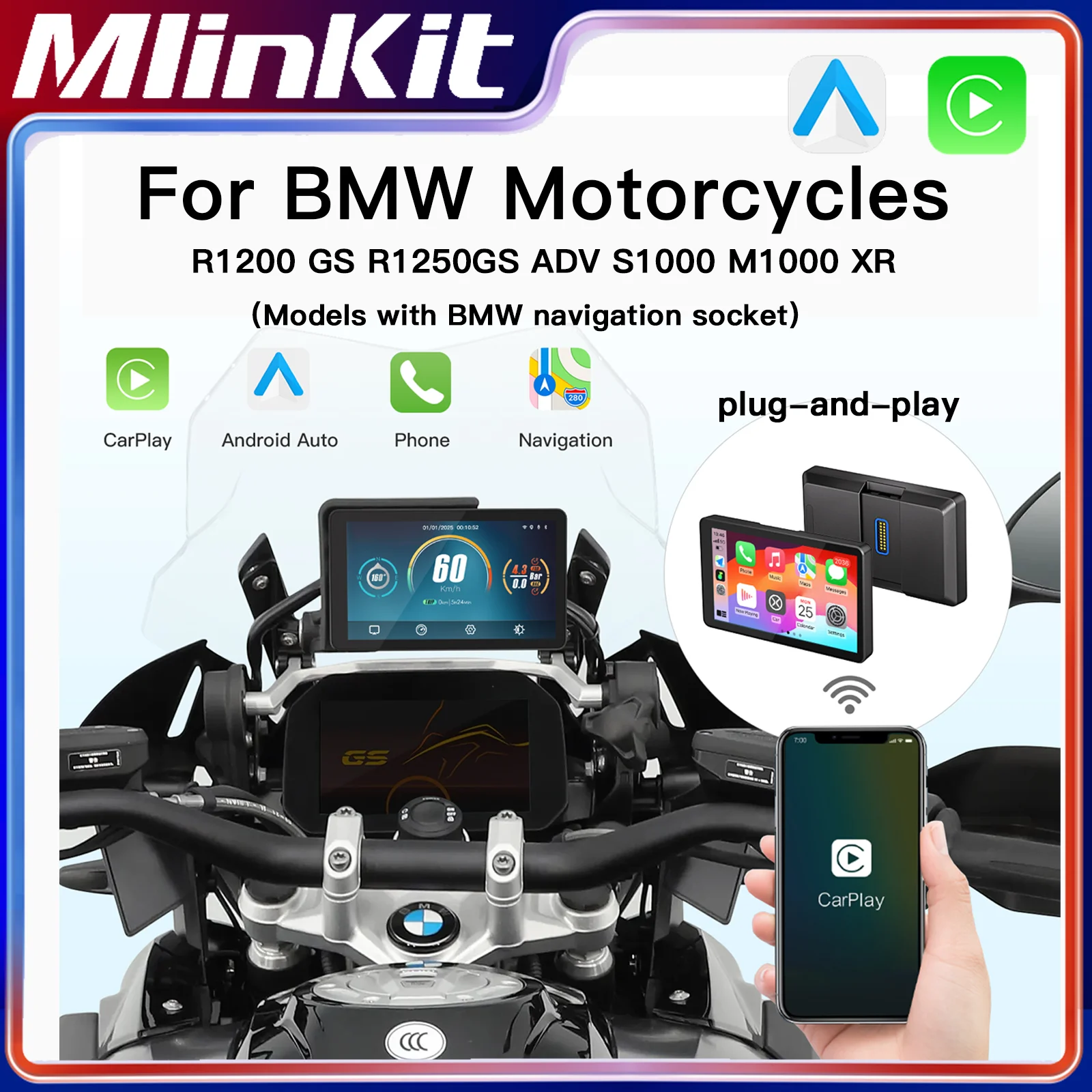 

DB601 For BMW 6-inch Portable Screen GPS Motorcycle Navigator Wireless CarPlay Android Auto R1200GS R1250GS ADV S1000XR