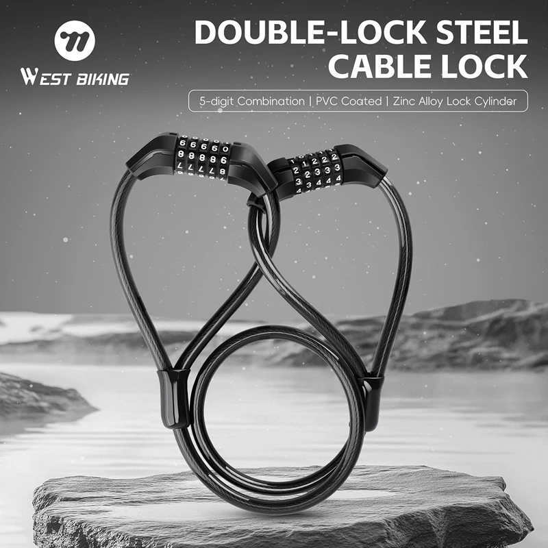 

Велосипедный тросовый замок WEST BIKING с двойной головкой, из цинкового сплава, 5-значный, 2-в-1, для мотоциклов, скутеров и велосипедов, с кодовым замком
