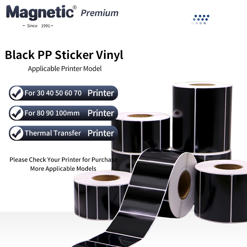 

Синтетичний папір Водонепроникна чорна поліпропіленова наклейка 30 40 50 60 70 80 90 100 мм Вінілова термотрансферна вугільна етикетка для принтера для фольги/УФ