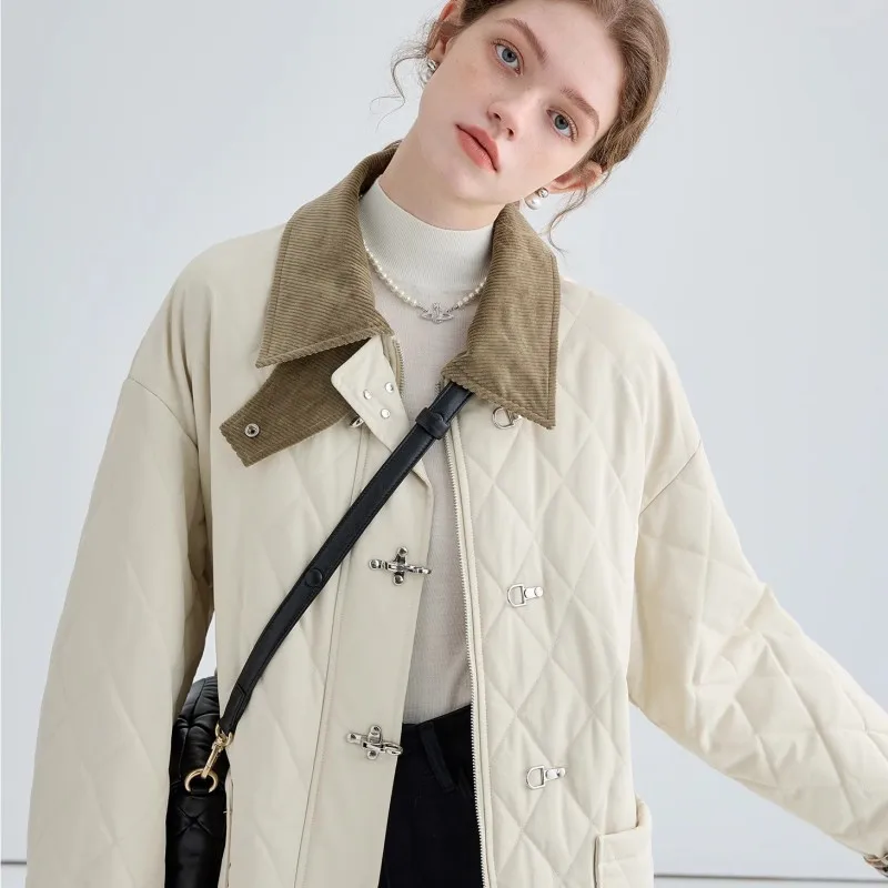 Square Collar Aircraft Button Cotton Jacket For Women In 2023 Winter Design, With A Patchwork Diamond Checkered Cotton Jacket