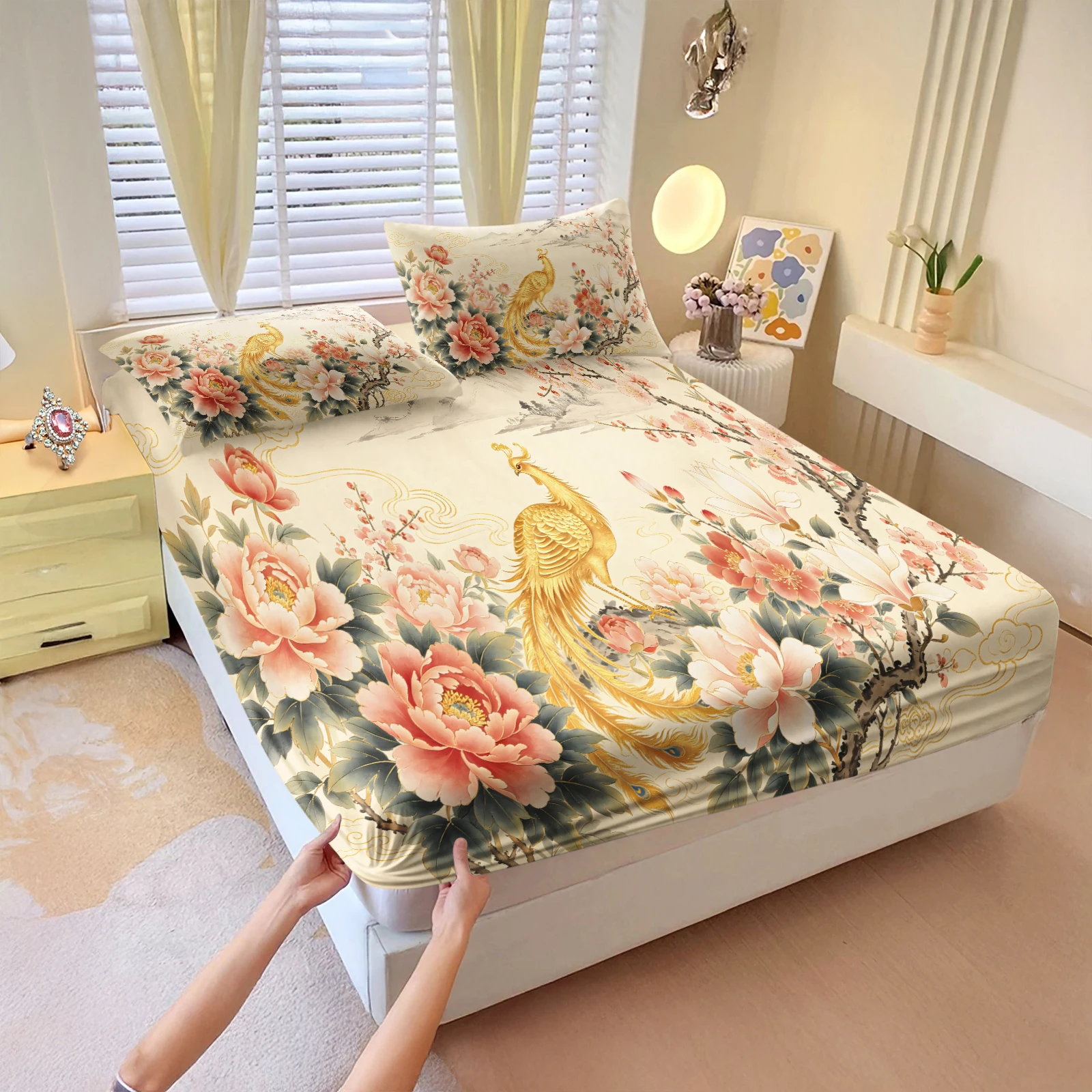 Chinese Vintage Golden Phoenix Peony Fitted Sheet Set Oriental Cloud Floral Print Deep Pocket Elastic Mattress Cover Bedding Set