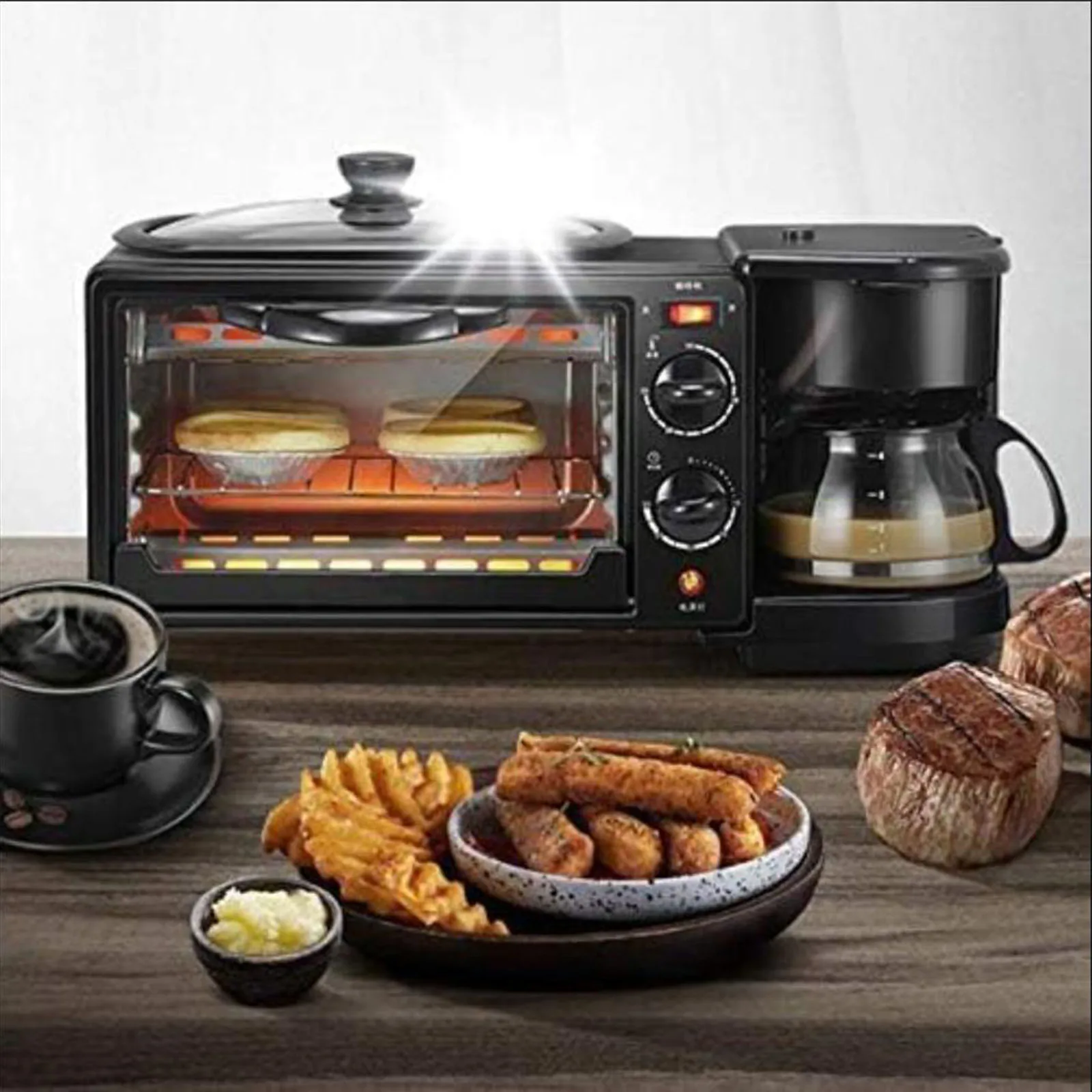 3 in 1 Breakfast Machine Kitchen Appliances Versatile Toaster Oven with Timer with Coffeemaker for Bread Sausages Egg Sandwich