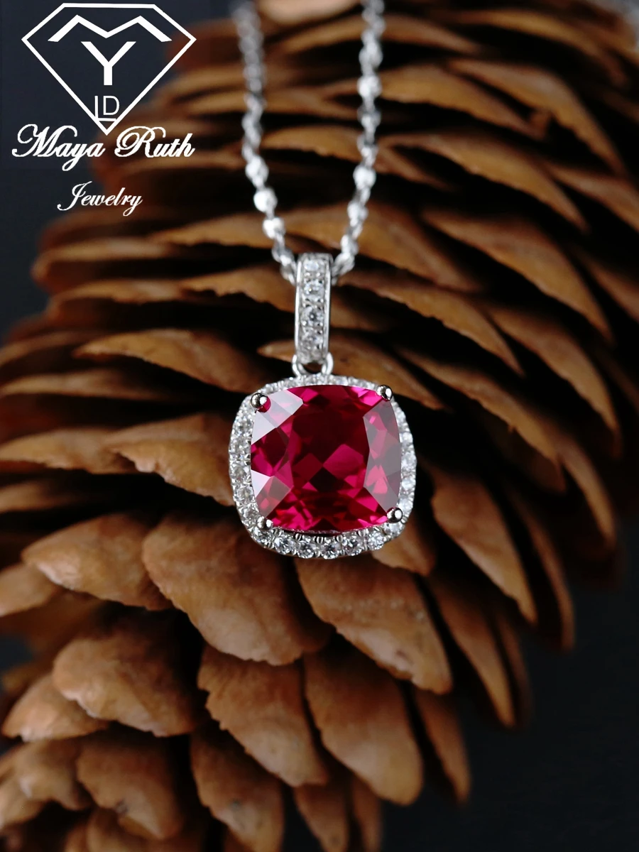 Created Ruby Gemstone Pendant Real Echt 925 Sterling Silver Party For Women Green Cute Female Necklace Gifts Princess Cut