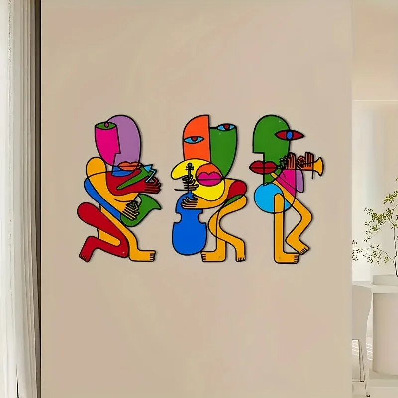 3 Pieces of Colorful Abstract Picasso-Style Metal Wall Sculptures 2D Flat Decoration, Colorful Abstract Picasso-Style Door and Wall Decoration, Farmhouse Living Room Bedroom Kitchen Wall Decoration, Outdoor Porch Balcony, Gift, Metal Artwork, 2D Flat