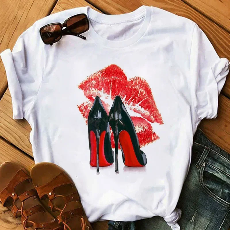 Frauen Sommer Kurzarm T-shirt Casual Tops T Shirt Harajuku Neue Mode High Heels Personalisierte Gedruckt