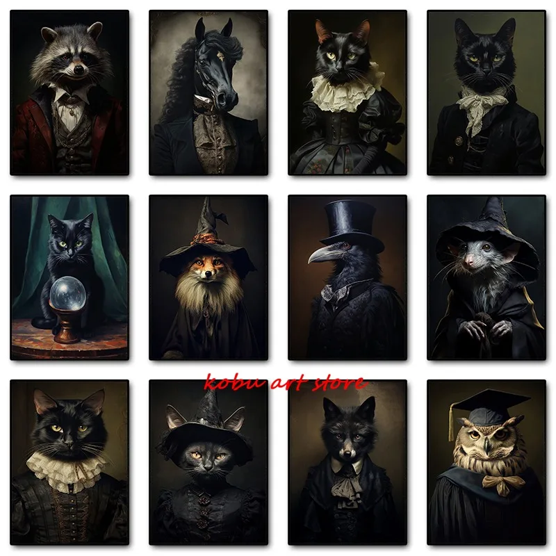 빈티지 고딕 검은 고양이 말 여우 너구리 동물 초상화 포스터 프린트, 다크 아카데미아 빅토리아 아트 캔버스 페인팅, 홈 데코