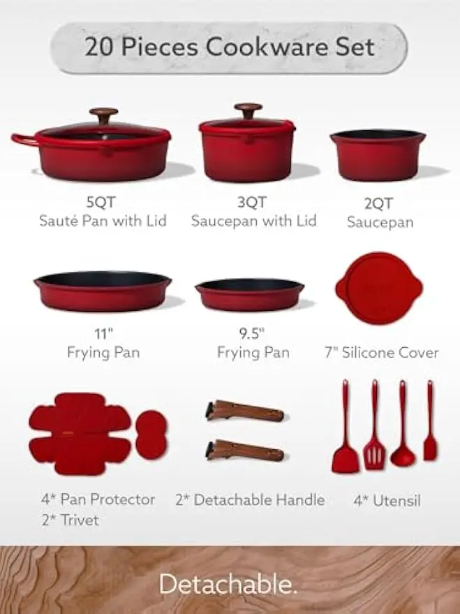 20 Pieces Titanium Cookware Set Pots Pans Detachable Handle Nonstick Nontoxic Induction Compatible Dishwasher Oven Safe Space Sa