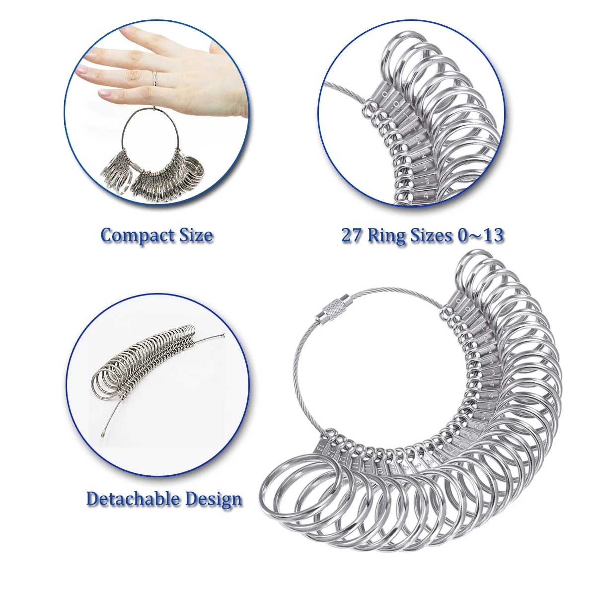 Juego de calibrador de anillo de EE. UU. 0-13 varilla medidora de Metal de anillo y 27 piezas anillo de Metal y 1-17 cinta de plástico herramienta