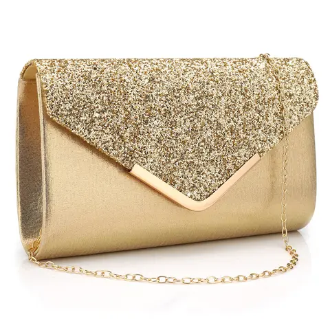 Gold Clutch Bags V Design Metal Chain Glitter Sequined Evening Bags With Envelope Party Wedding Casual Lady Handbags Banquet