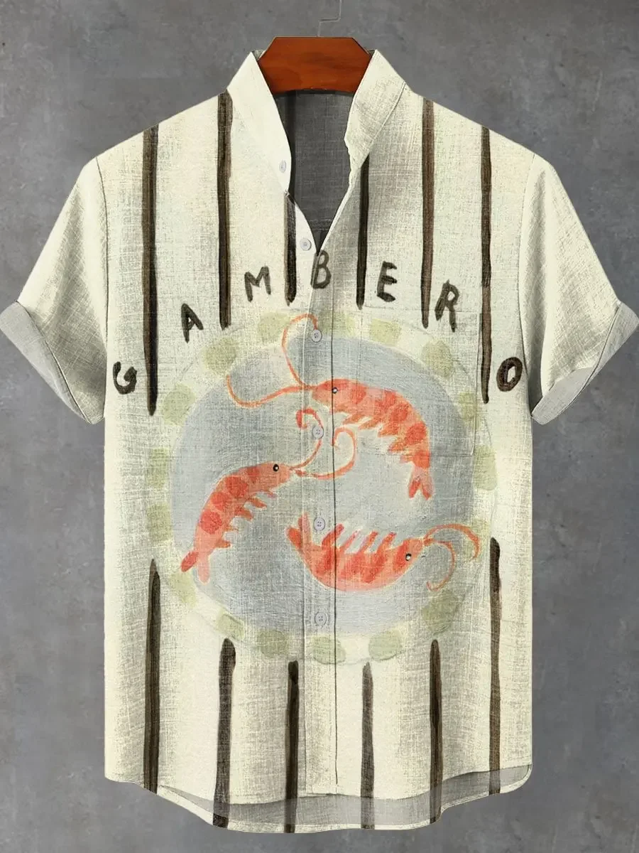 Men's New Fishing Enthusiast Clothing Elegant Fish Print Summer Short Sleeved Shirt Linen Comfortable Fabric Button Top