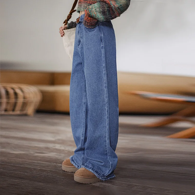 

Винтажные джинсовые джинсы Maden для женщин, осень-зима, широкие потертые джинсы, прямые брюки со средней талией, модные модные брюки