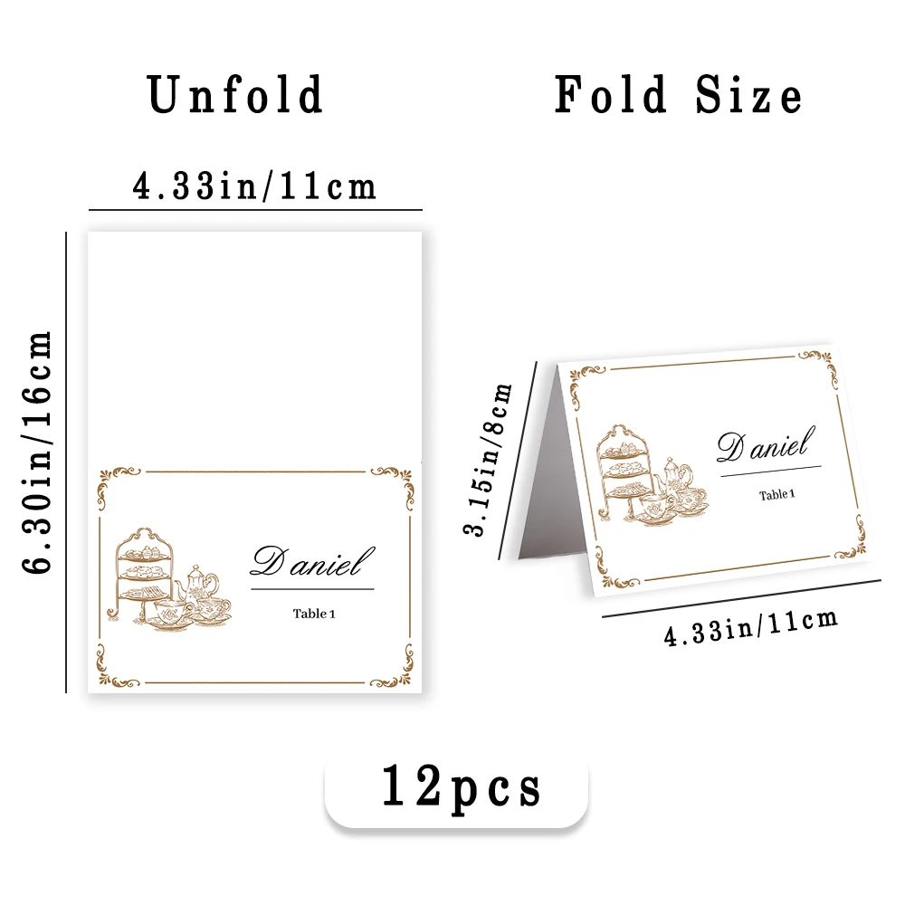 12pcs, Custom Folded Place Cards, Personalized Name Tent Seating Cards, Vintage Tea Party Design, Wedding Table Decor Supplies