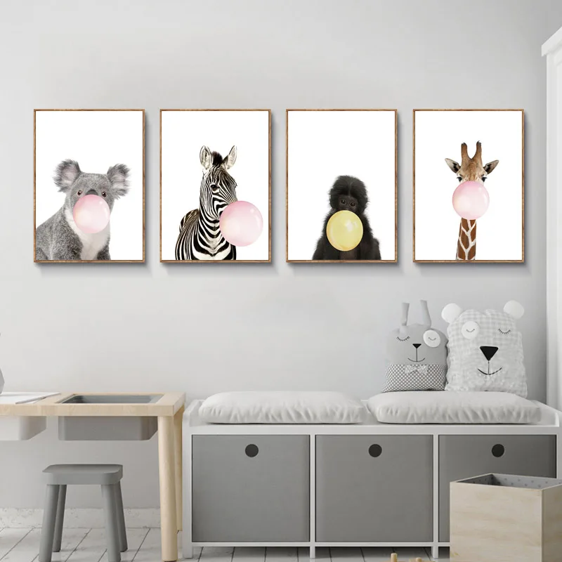 Home Decor Poster Nursery Style Animal Blowing Bubble Canvas Paintings Zebra Giraffe Nordic Wall Art Pictures For Interior Room