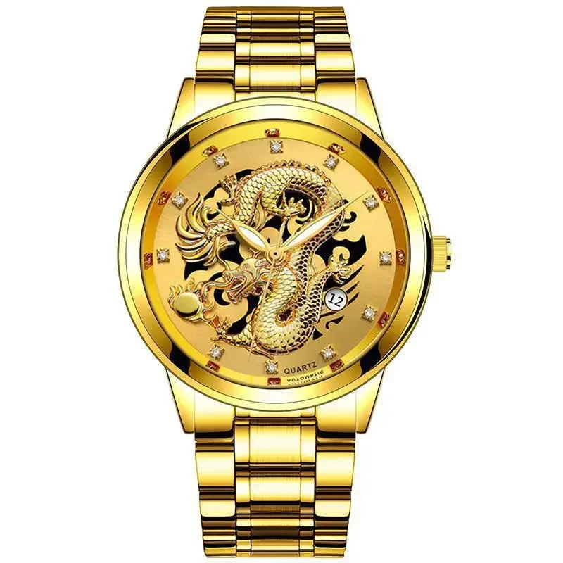 

Fashion Mens Watches Embossed Gold Dragon Day Date Watch for Men Luxury Waterproof Male Clock Stainless Steel Quartz Wristwatch