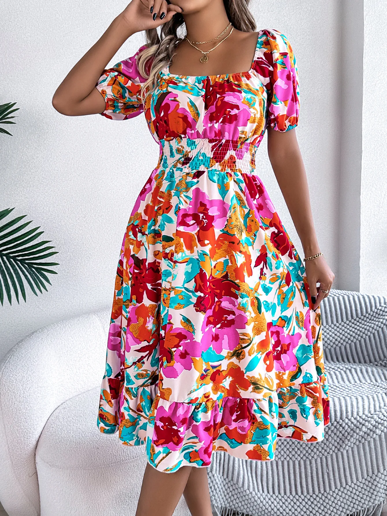 

Elegant Print Dress Women Fashion Square Collar Short Sleeved Elastic Waist Folds Dresses High Waist Off-shoulder Midi Dresses