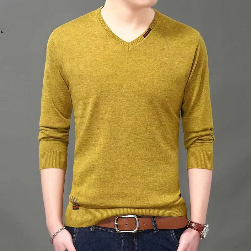 2023 New Spring and Autumn Thin Simple Casual Thread V-neck Long Sleeve Solid Oversized Men's Knitted Underlay Pullover Sweater