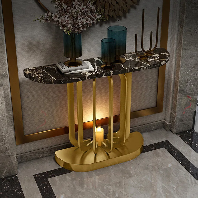

Minimal brushed black stainless steel entrance platform arc marble corridor foyer narrow wall decorative cabinet semi-round side