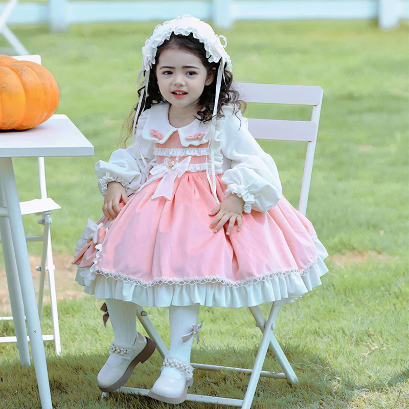 

Pink Cute Girl Lolita Princess Dress Kids Bow Decoration Fluffy Skirt Long Sleeve Ball Gown Layered Party Dress Festival Gift